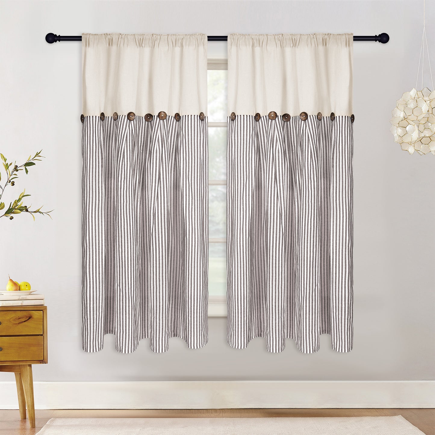 Alishomtll Farmhouse Curtains Natural Stripe Cotton Linen Button Boho Rustic Rod Pocket Back Tab Window Drapes for Living Room , 2 Panels