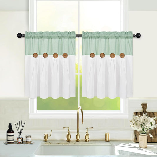 Alishomtll Farmhouse White Solid Print Rustic Rod Pocket Light Filtering Curtain Set, 26" x 24" (2 Panels),Teal White
