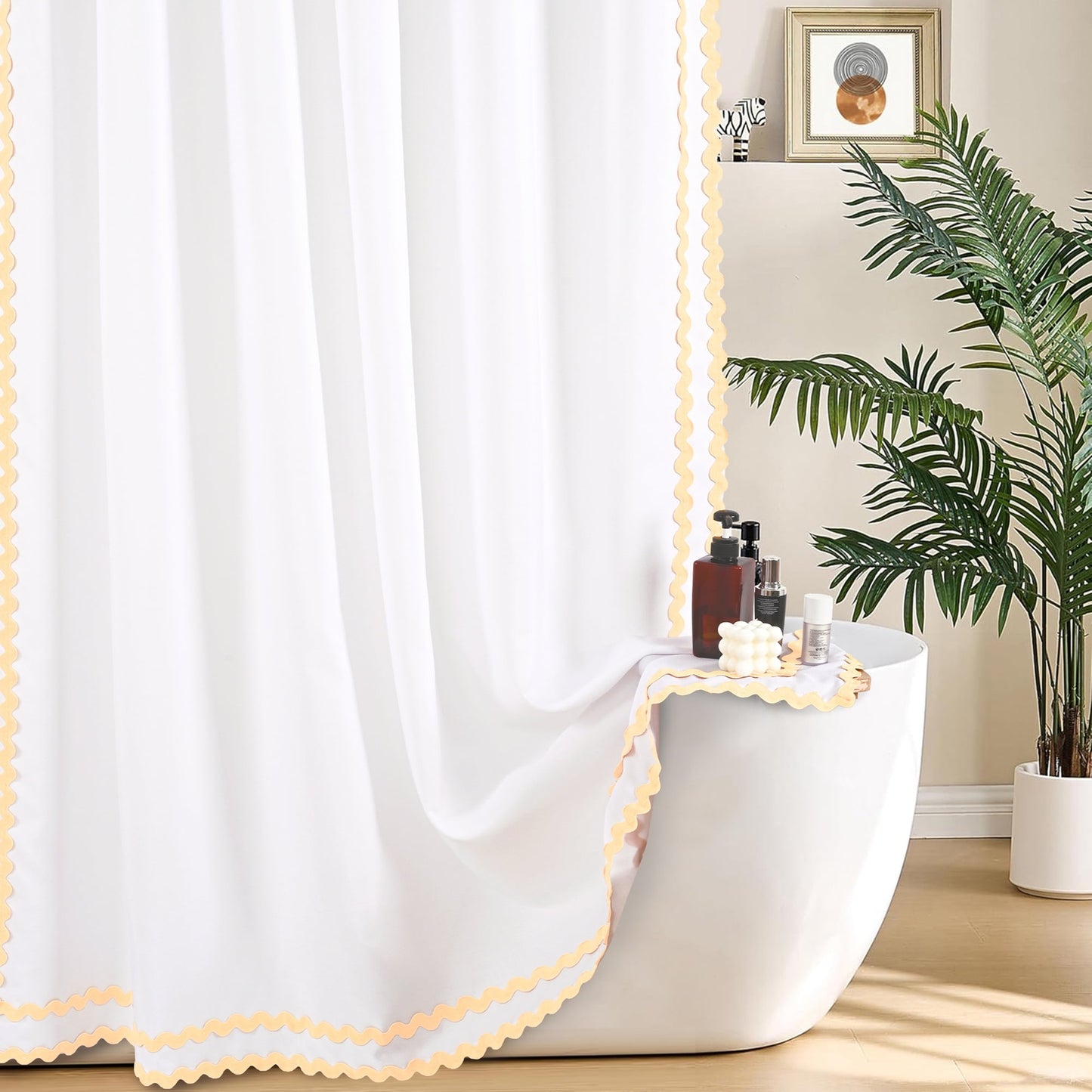FRAMICS Beige Scalloped Fabric Shower Curtain Sets with Rug, 14 Piece Bathroom Sets with Hooks, Slub Textured Heavy-Duty & Waterproof, 72" x 72"