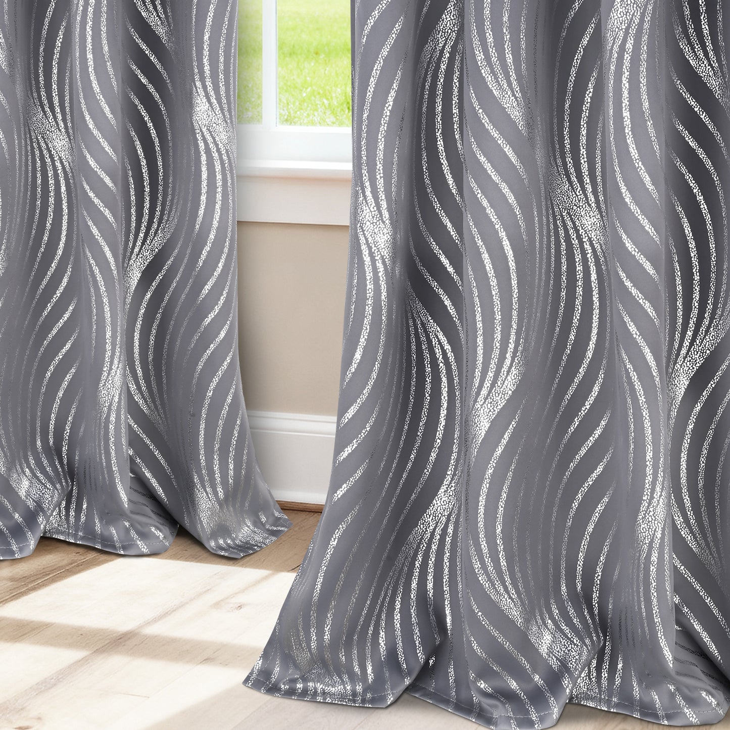 Alishomtll Grey Blackout Curtains for Living Room ,Modern Metallic Silver Wave Pattern Bedroom Thermal Insulated Drapes ,2 Panel Set,52"x63"