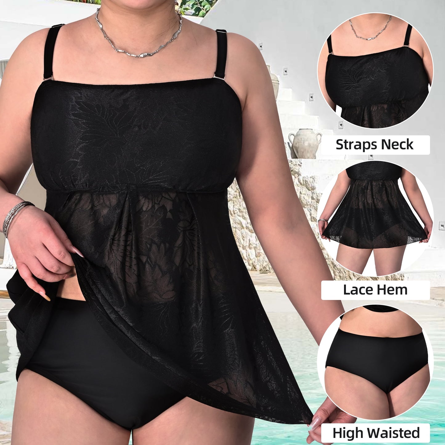 MecTo Women’s Plus Size Swimsuit Lace Jacquard Tankini Set High Waist Tummy Control Casual Beach Vacation Swimwear