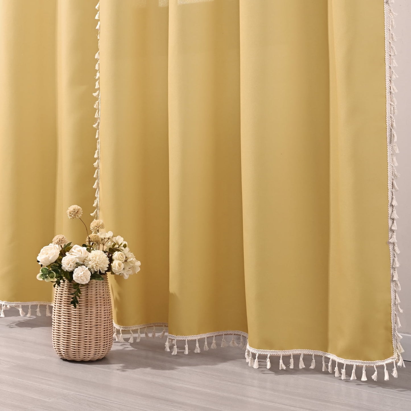 Invoibler Boho Curtains with Tassels,60-65% Room Darkening Curtain,Window Drapes,2 Panel,Yellow