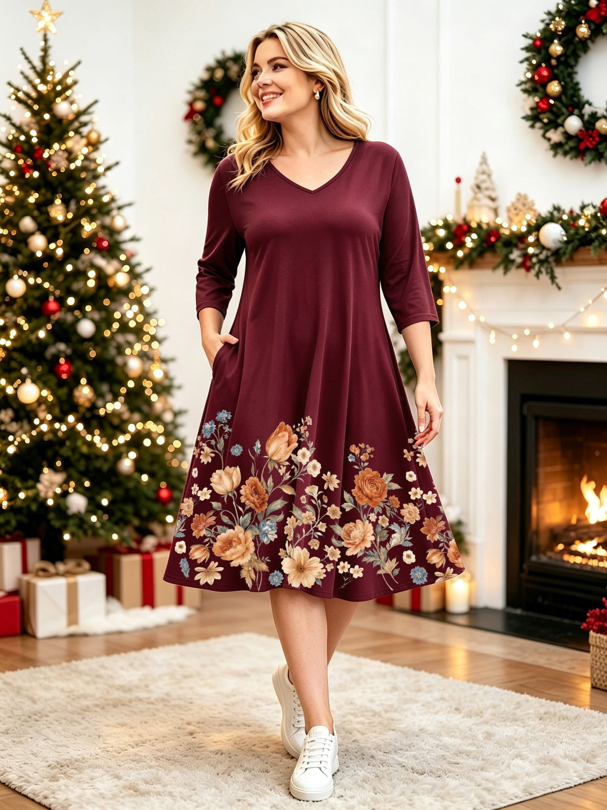 MecTo Christmas Sleepwear Cotton Vintage Floral Print with Pocket, Nightgown (Women's)