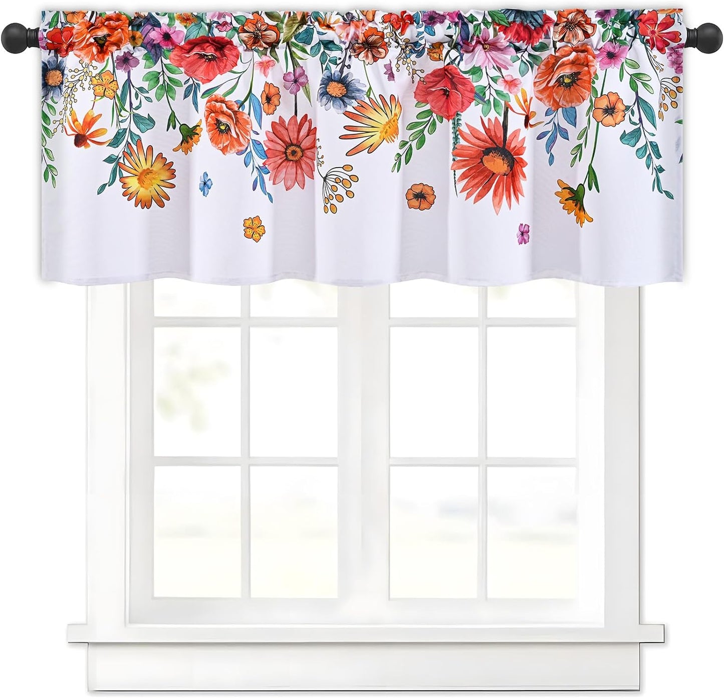 Alishomtll Valance Curtains Blossom Floral Print Window Curtain Valance Rod Pocket, 52W" x 18L",White