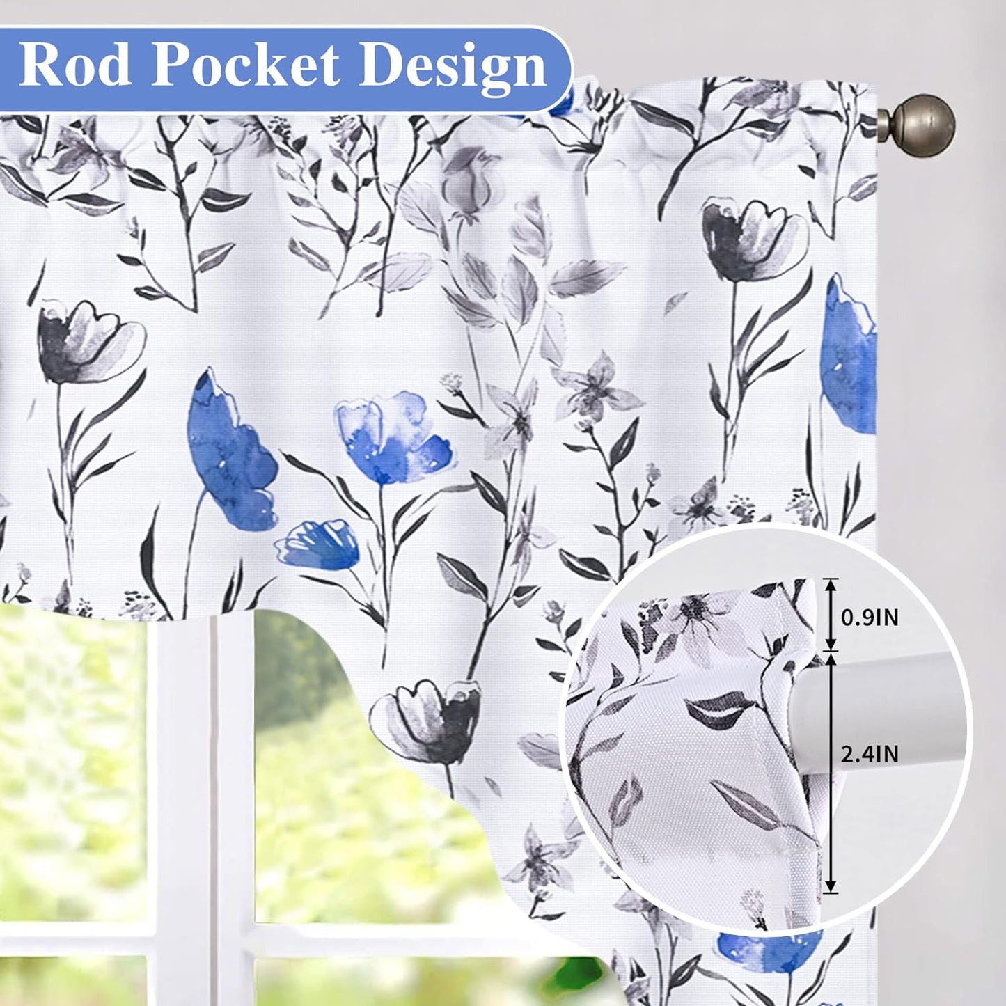 Alishomtll Kitchen Curtains Valances Swags for Windows Blue Floral Printed Window Drapes,61" W x 36" L,Rod Pocket