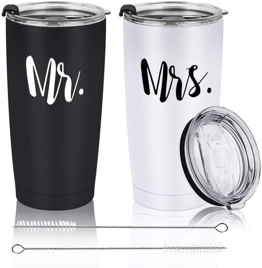 Gingprous 2 Pack 20 oz Mr and Mrs Stainless Steel Travel Tumblers Set with Lids Straws , Vacuum Insulated Tumblers , Black&White