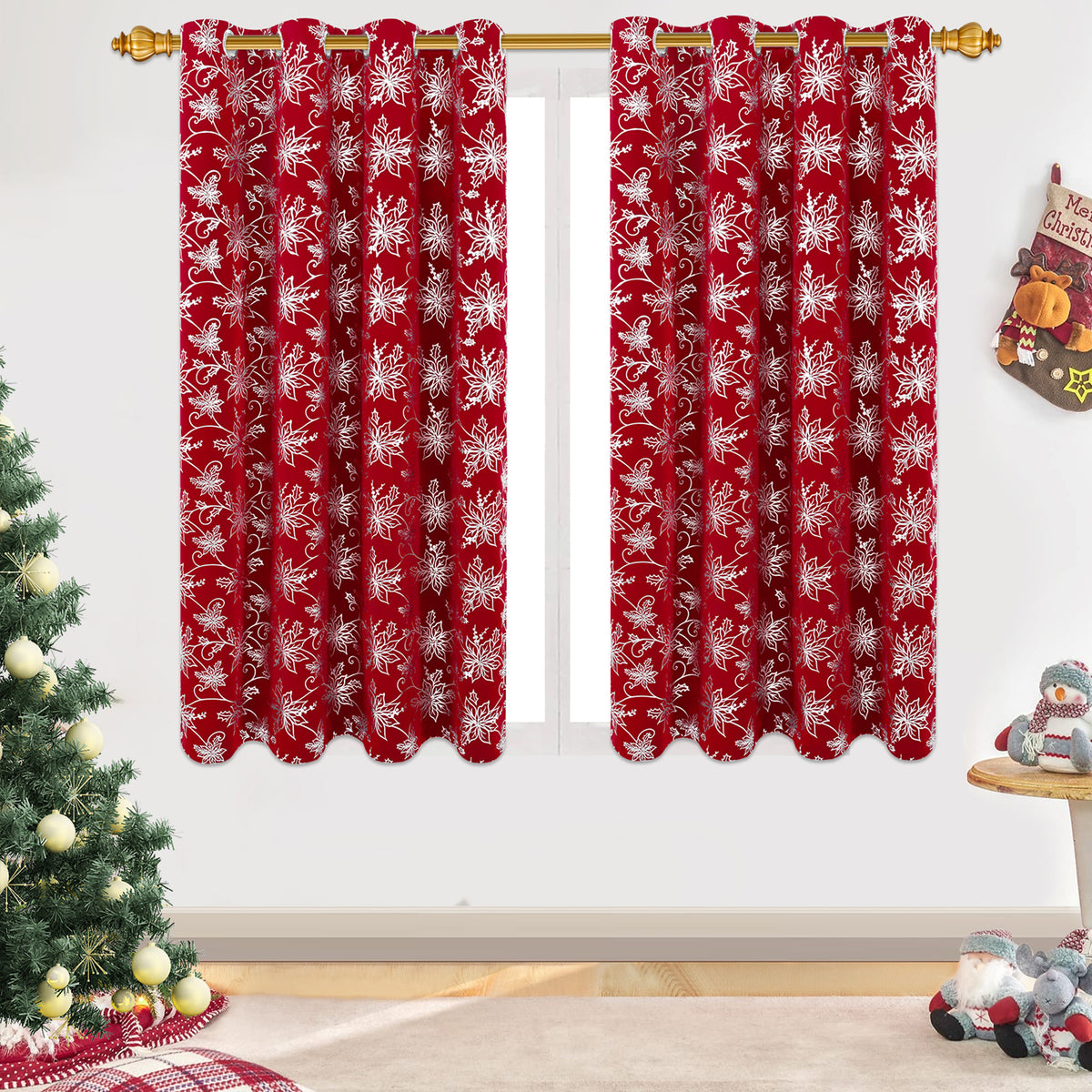 Alishomtll Red Christmas Blackout Curtains Golden Poinsettia Foil Print Room Darkening Window Drapes, 52" x 84"L, Set of 2 Panels