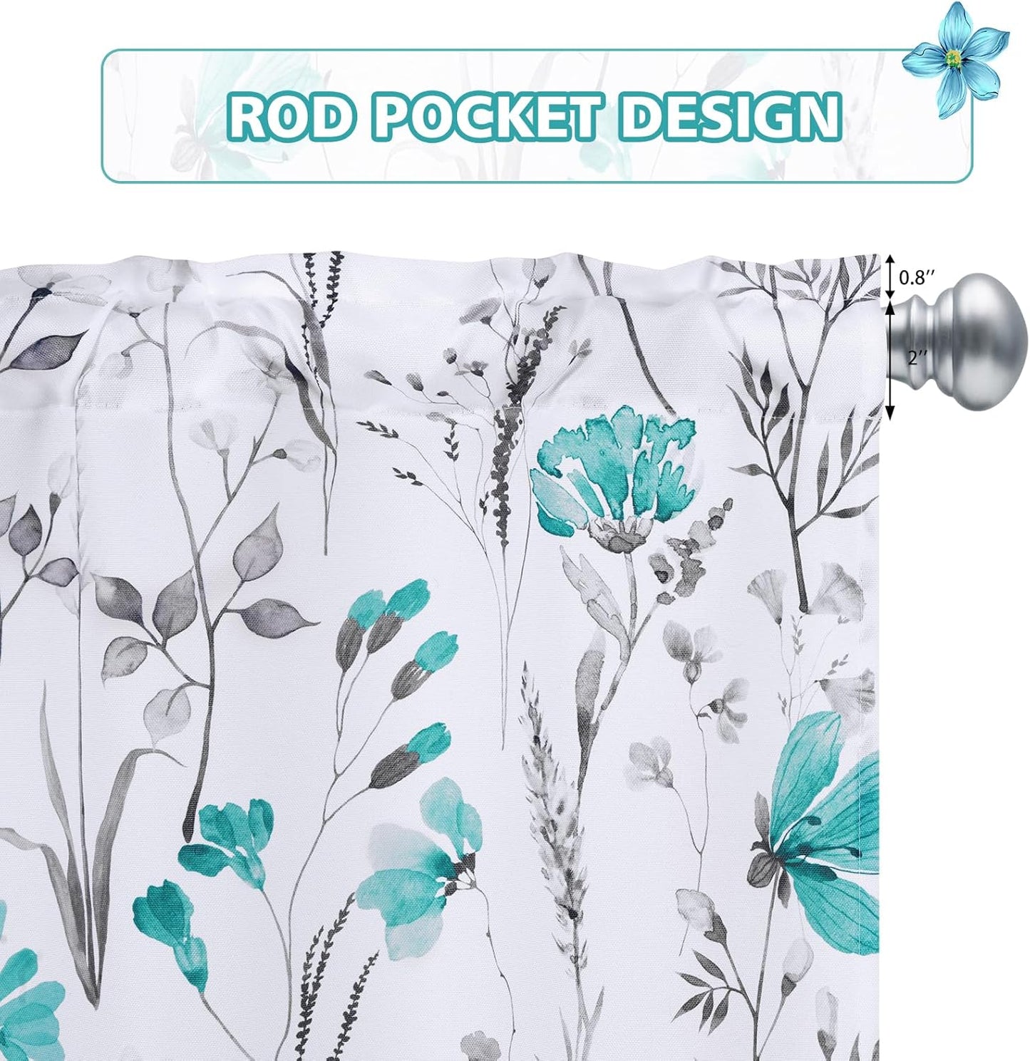 Alishomtll Valance Curtains Teal Flower Floral Print Valances for Windows Rod Pocket,52W" x 18L"