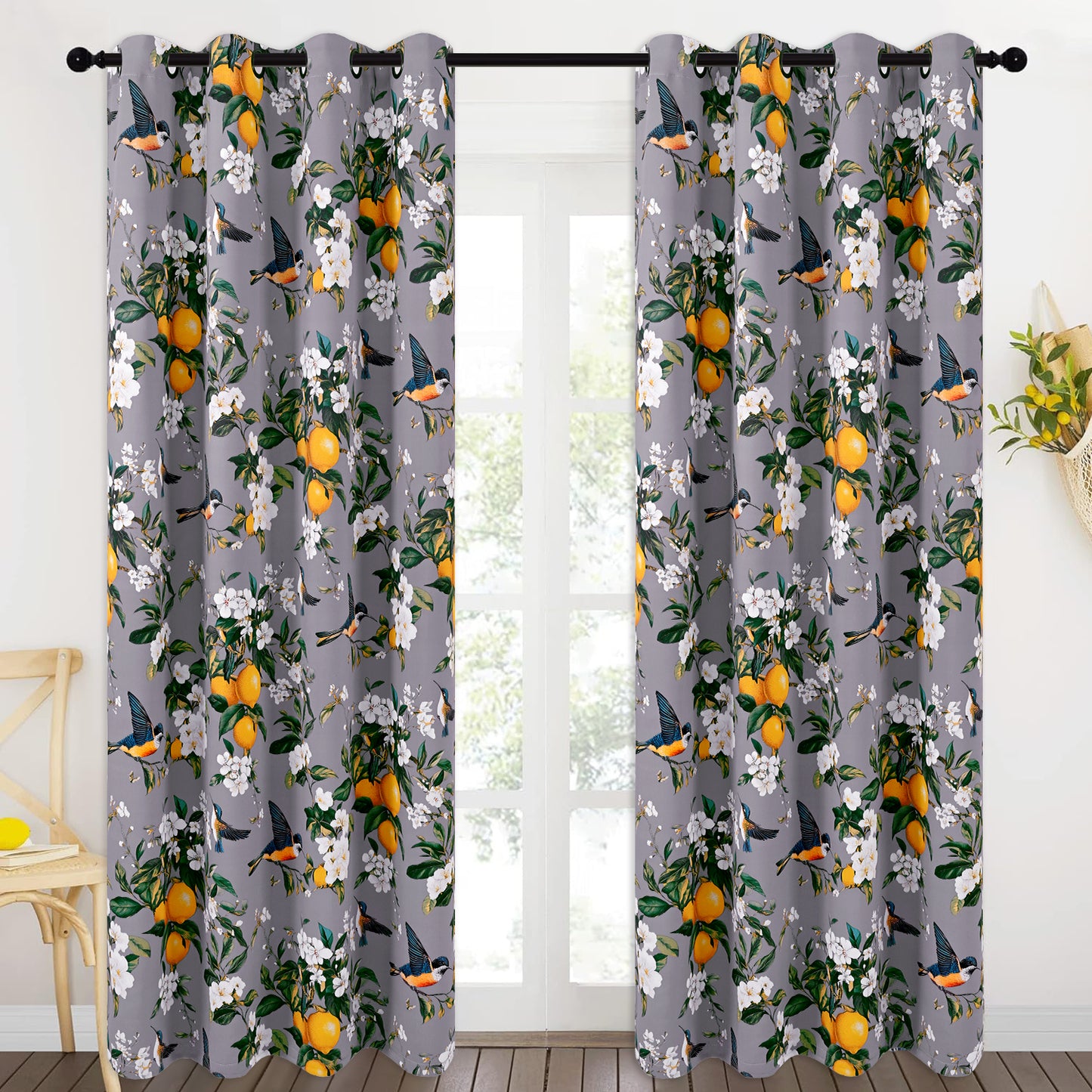 Alishomtll Floral Lemon Hummingbird Blackout Curtains Room Darkening Grommet Window Drapes for Living Room , 52"x84", ,Set of 2 Panels,Grey