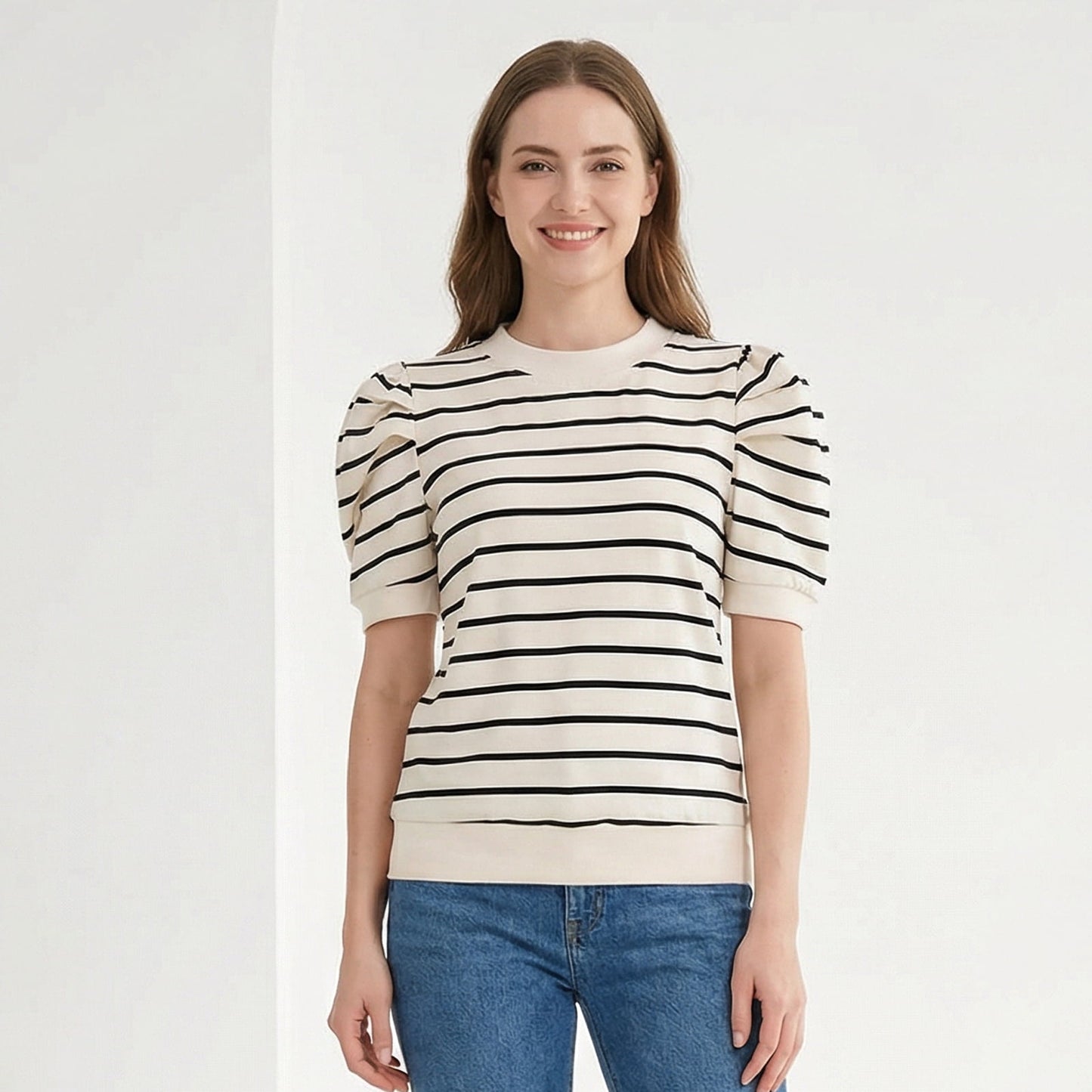 Gingprous Women's Puff Short Sleeve Striped Knit Top Casual Crewneck Blouse for Spring Summer