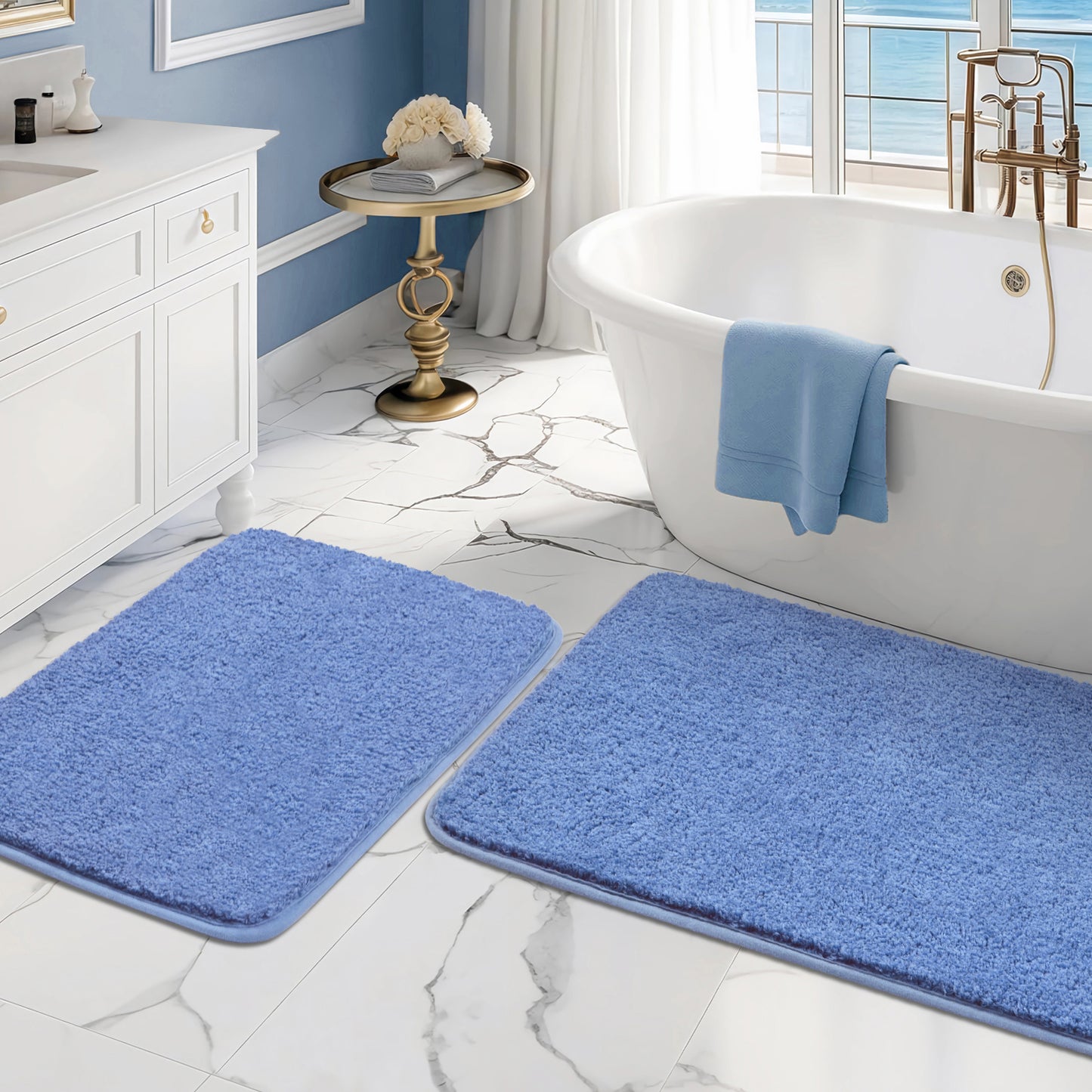 FRAMICS 15-Piece Ombre Blue Bathroom Sets with Shower Curtain and Rugs, Waterproof Fabric Striped Gradient Shower Curtain Sets, 72" x 72"