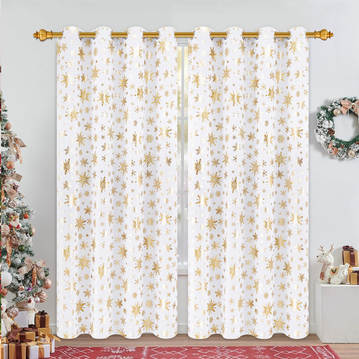 Alishomtll Red Christmas Curtains for Living Room Blackout Golden Snowflake Foil Pattern Room Darkening Window Drapes Holiday Xmas Decor, 52" x 84"L, Set of 2 Panels