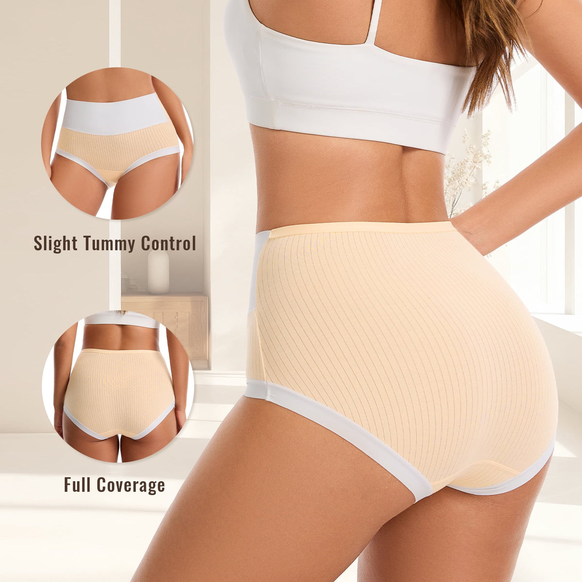 Sunm Boutique Women's High Waist Cotton Underwear 5-Pack Super Stretchy Briefs Full Coverage Panties Soft Women Panties