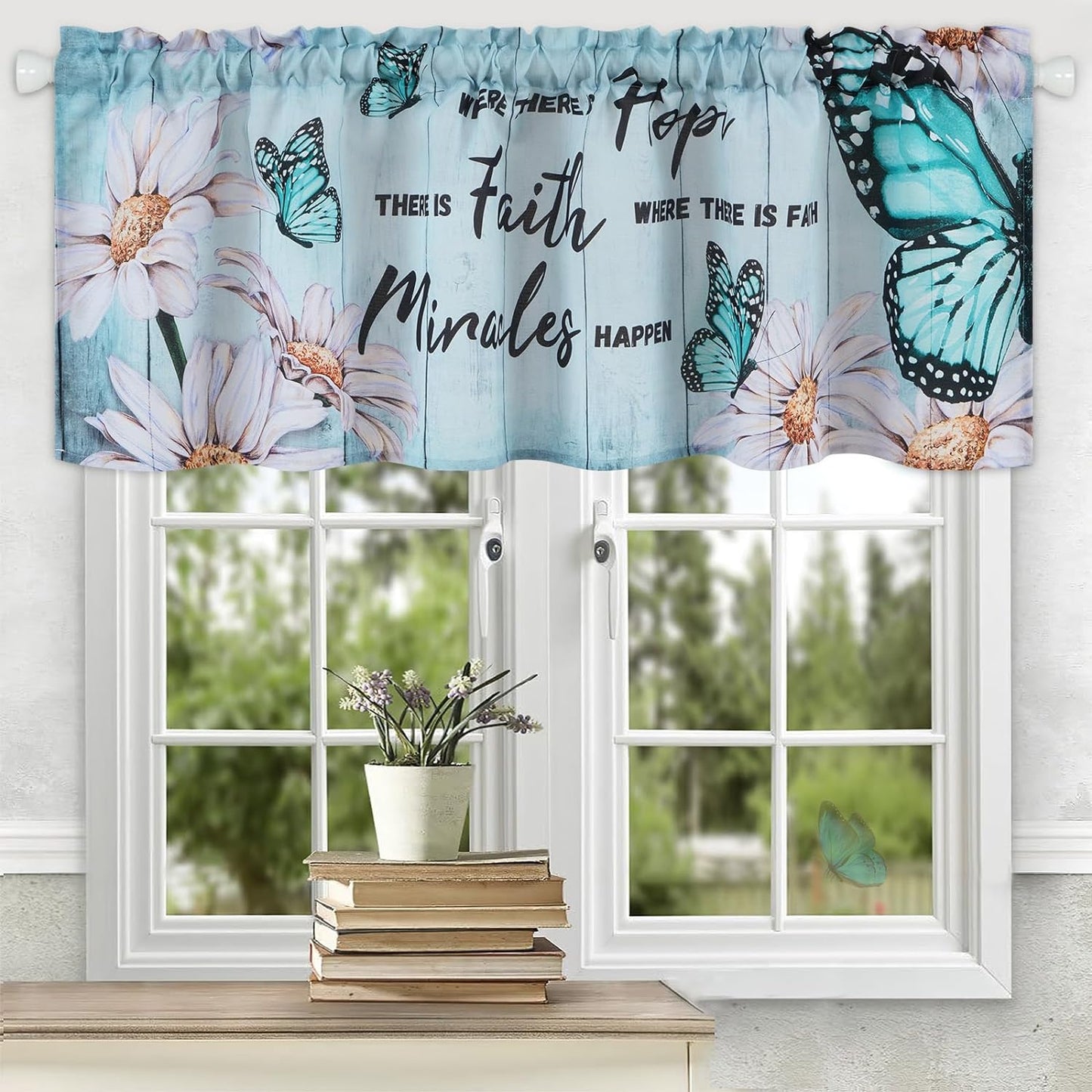 Alishomtll Valance Curtains Butterfly Floral Print Window Curtain Valance Rod Pocket, 52W" x 18L",Teal
