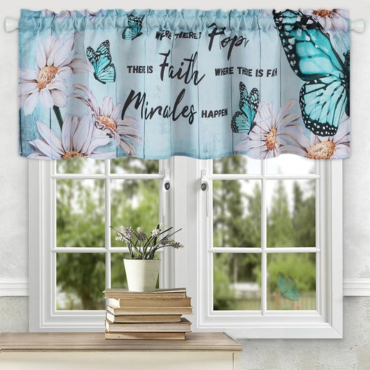 Alishomtll Valance Curtains Butterfly Floral Print Window Curtain Valance Rod Pocket, 52W" x 18L",Teal