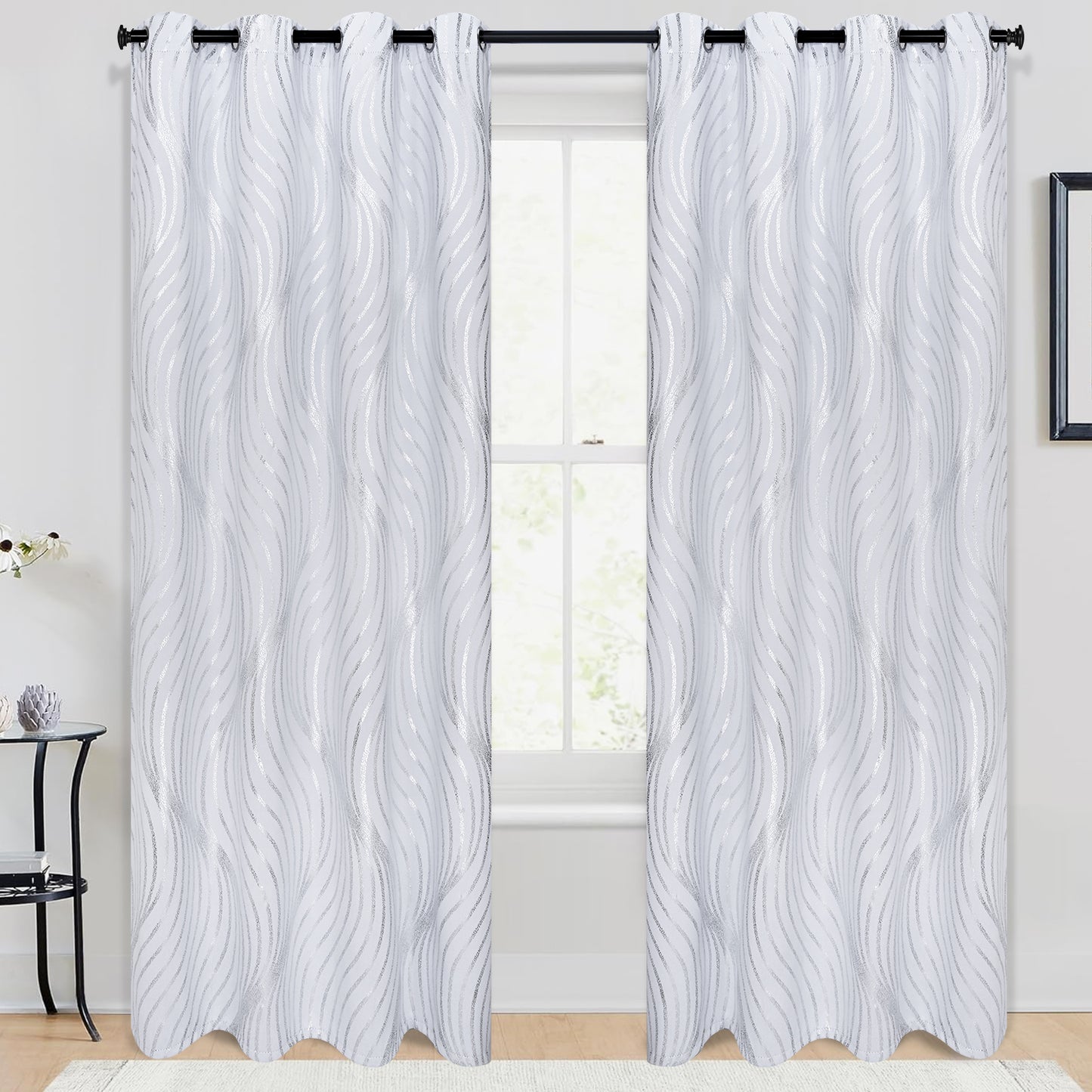 Alishomtll White Blackout Curtains for Living Room ,Modern Metallic Silver Wave Pattern Bedroom Thermal Insulated Drapes ,2 Panel Set,52"x84"