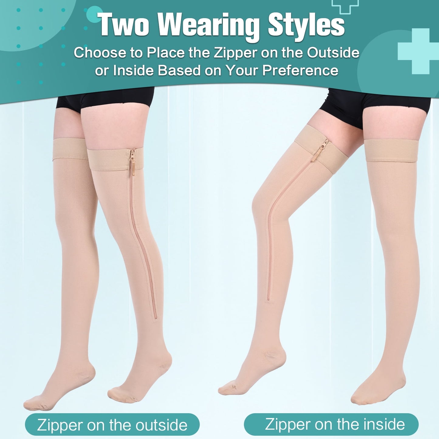 MARTINE MALL 2 Pairs Thigh High Zipper Compression Socks 20-30 Mmhg Closed Toe Compression Support Stockings for Pregnancy, Post-surgery, Swelling(Black+Beige)