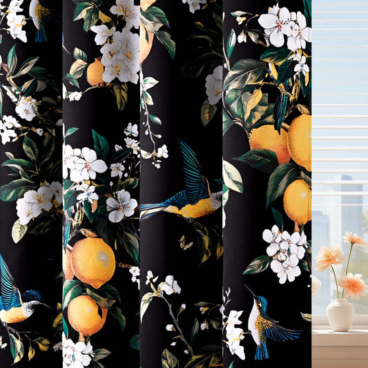 Alishomtll Floral Lemon Hummingbird Blackout Curtains Room Darkening Grommet Window Drapes for Living Room , 52" x84", ,Set of 2 Panels,Black