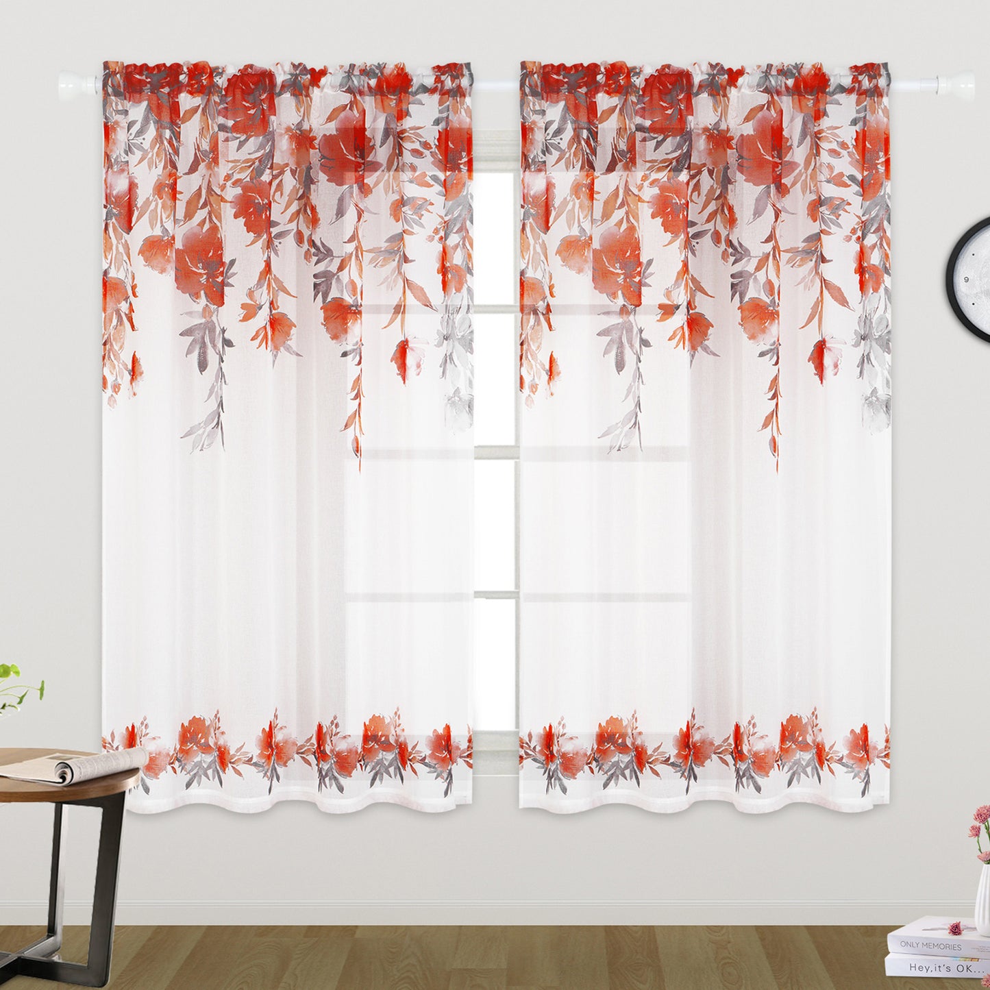 Alishomtll Floral Sheer Curtains 63 Inch Long Rod Pocket Red Flower Semi Sheer Voile Window Treatment For Bedroom Dining Room