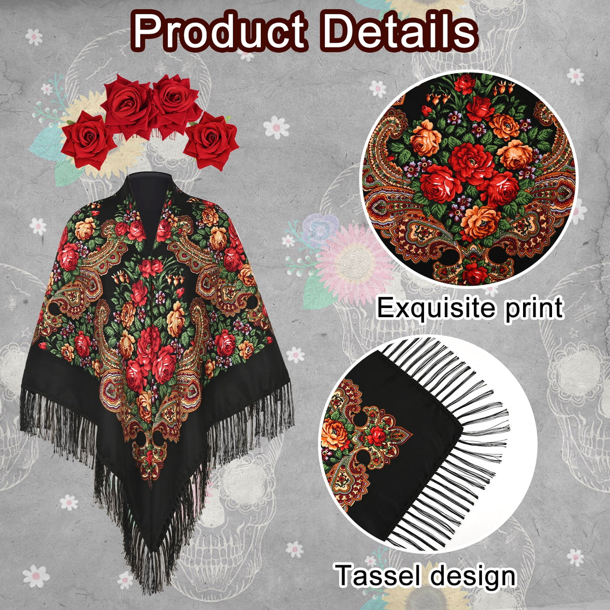 MARTINE MALL 7 Pcs Traditional Mexican Tassel Shawl, Day of the Dead Costumes for Women, Halloween Costume with Flower Hair Clips, Folding Fan, Skeleton Gloves, Temporary Face Tattoos