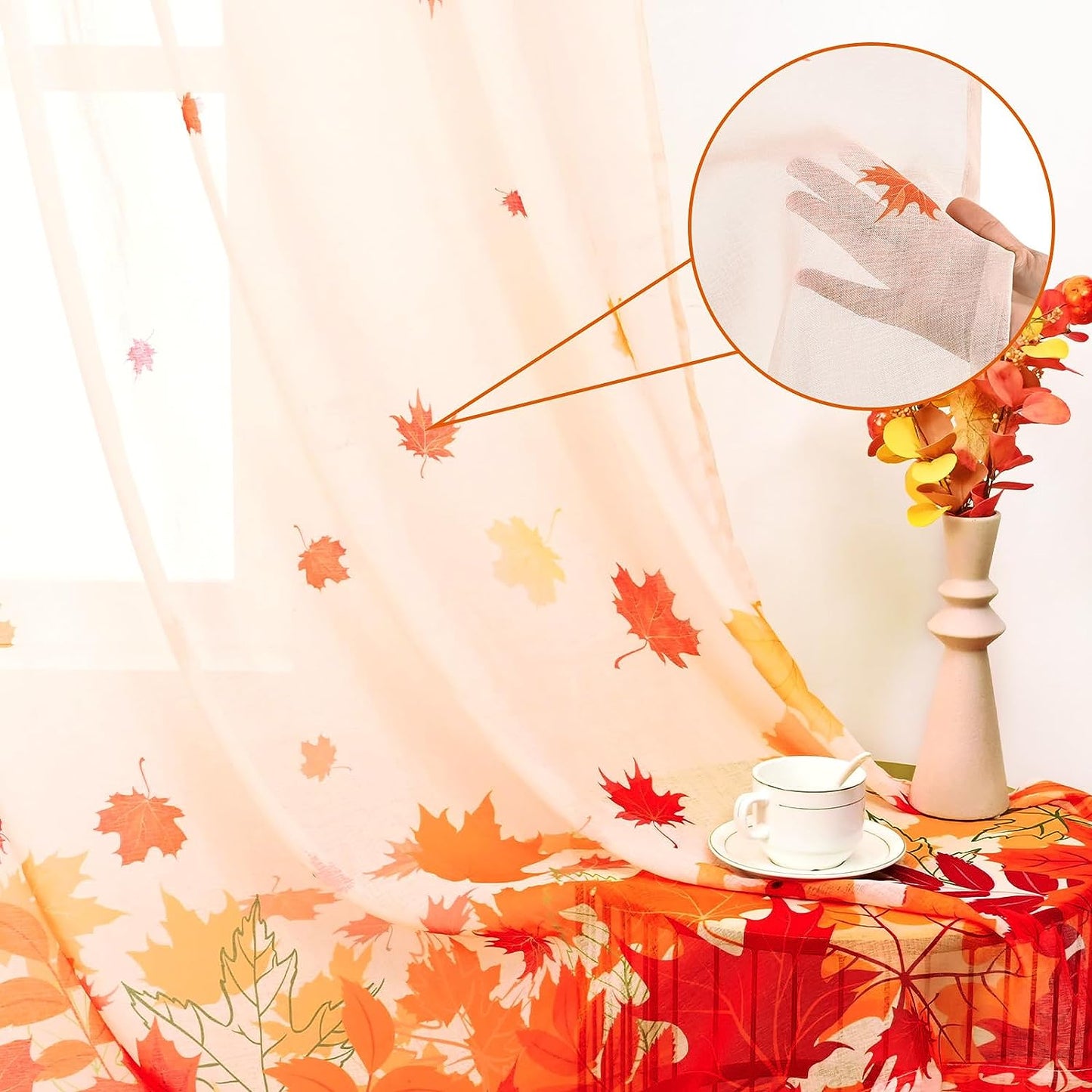 Alishomtll Thanksgiving Fall Curtains for Living Room Semi Sheer Voile Maple Leaves Window Drapes ,2 Panels,52"W × 63"L,Rod Pocket