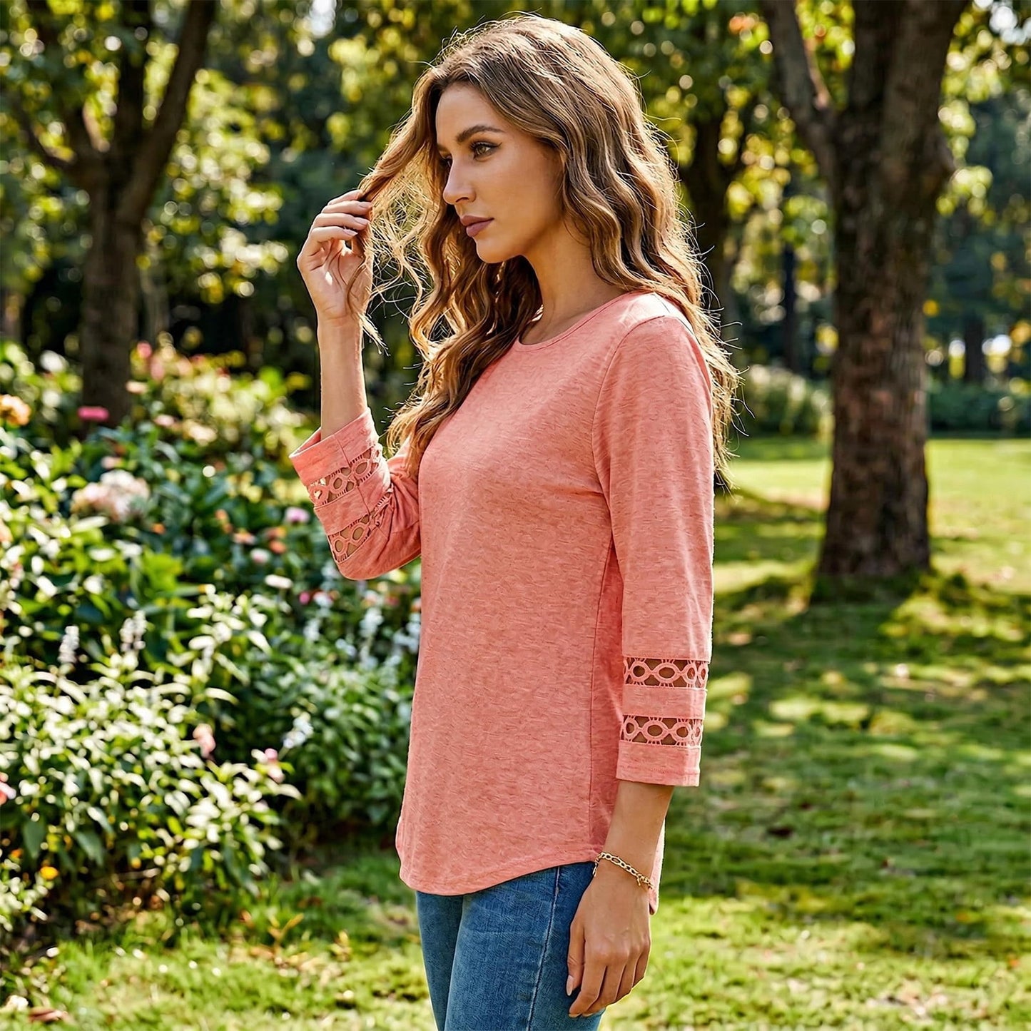 Gingprous 3/4 Sleeve Womens Hallow Out Sleeve Tops V Neck Tunic Blouse Curved Hem Casual Shirt