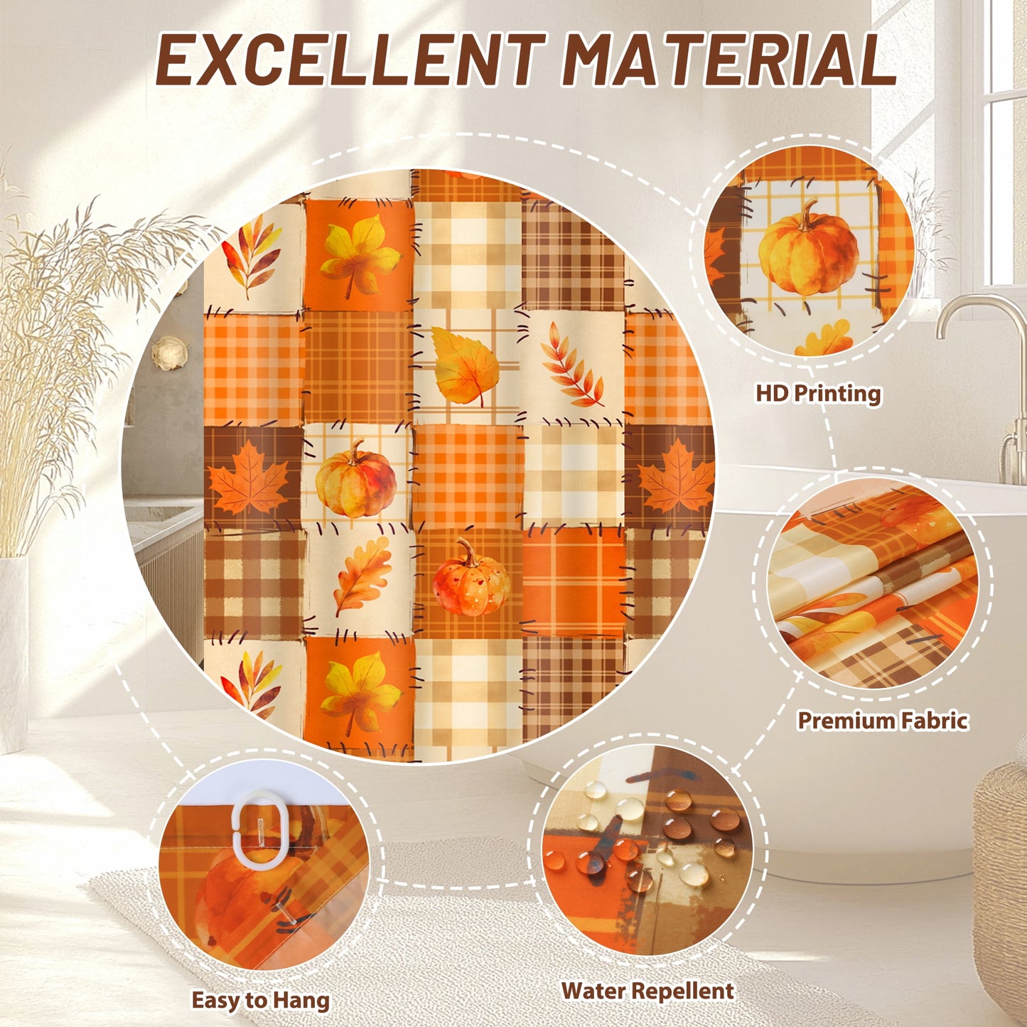 FRAMICS Fall Pumpkin Shower Curtain Sets with Non-Slip Rugs and Hooks, 16-Piece Thanksgiving Leaves Plaid Bathroom Sets, Waterproof Fabric Orange Bathroom Decor Set