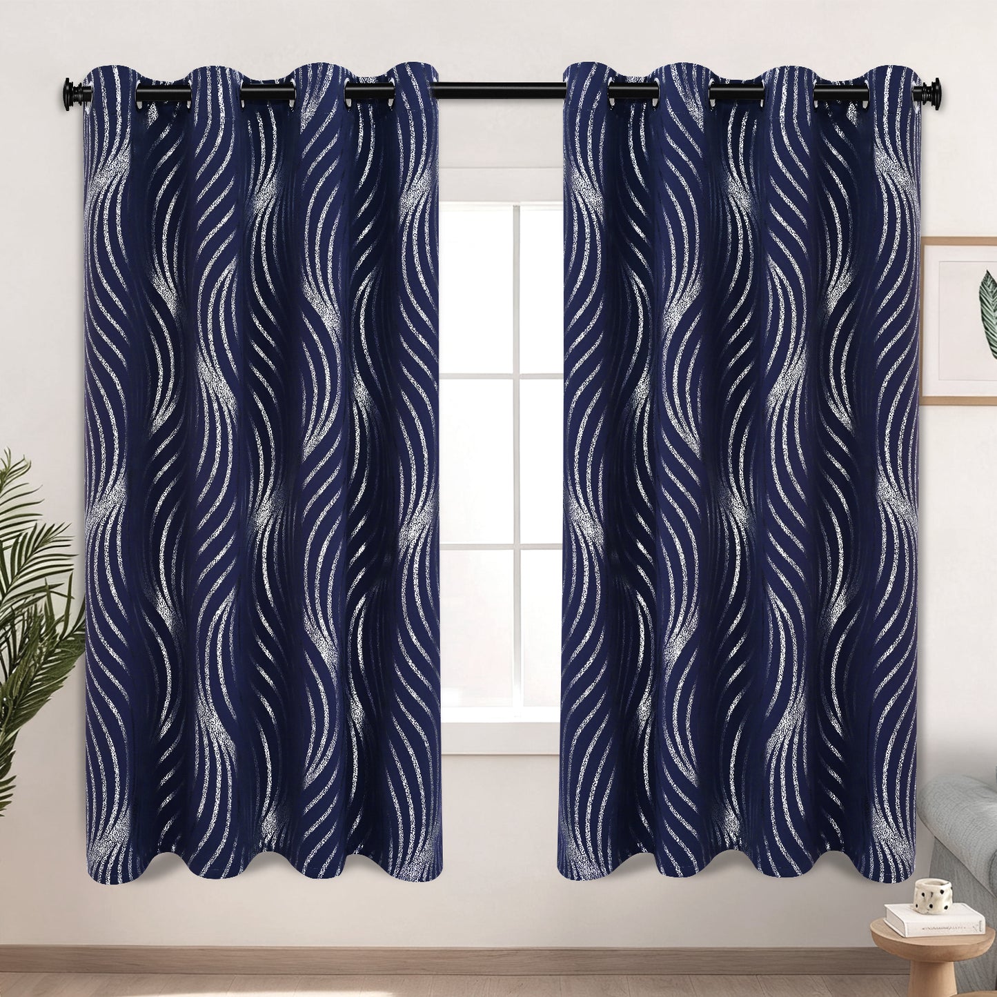 Alishomtll Navy Blue Blackout Curtains for Living Room ,Modern Metallic Silver Wave Pattern Bedroom Thermal Insulated Drapes ,2 Panel Set,52"x63"