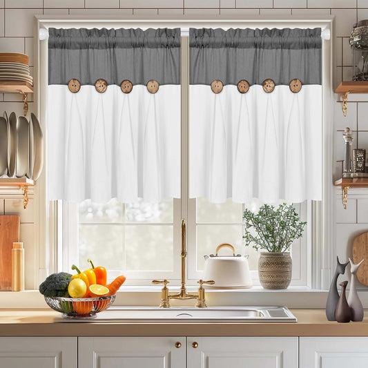 Alishomtll Farmhouse White Solid Print Rustic Rod Pocket Light Filtering Curtain Set, 26" x 24" (2 Panels),Gray White