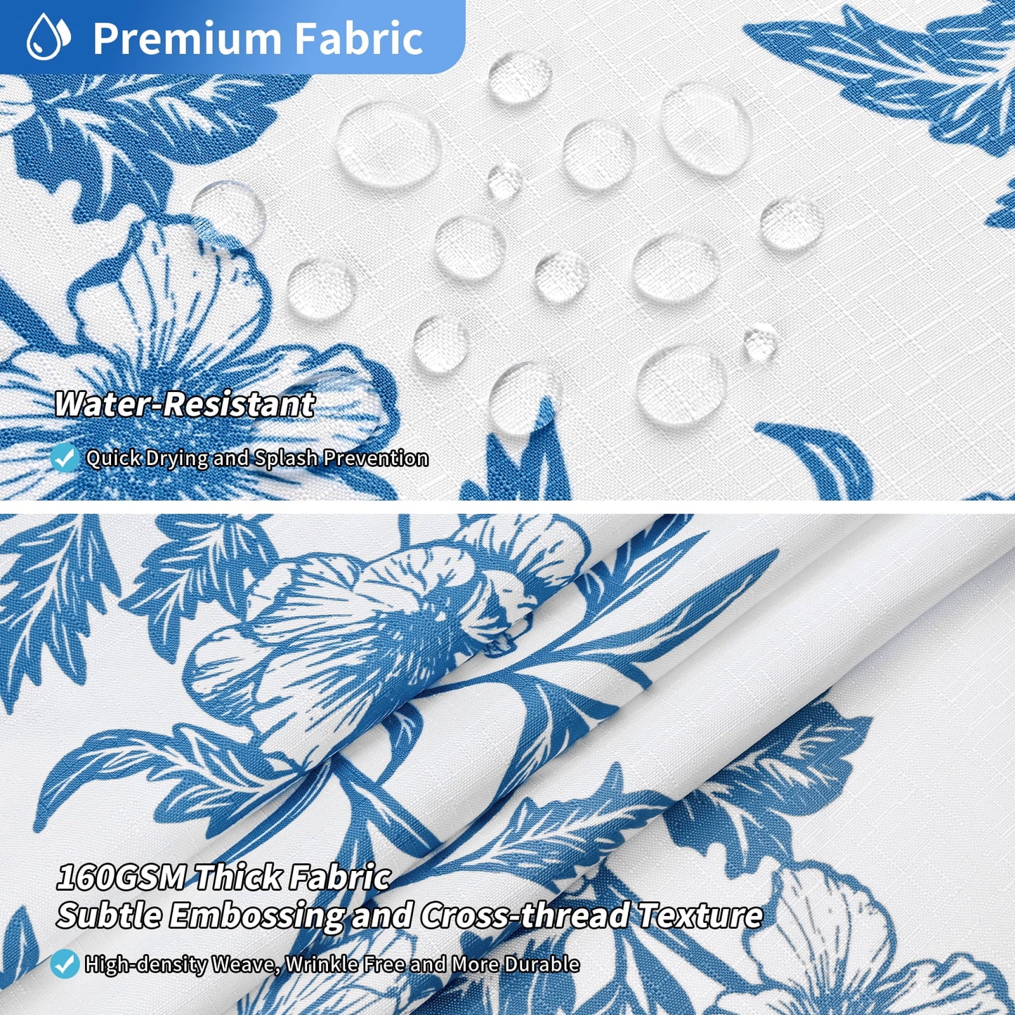 FRAMICS Slub Textured Fabric Shower Curtain Sets with Rug, 14 Piece Floral Bathroom Sets with Hooks, Heavy-Duty & Waterproof, Blue, 72" x 72"