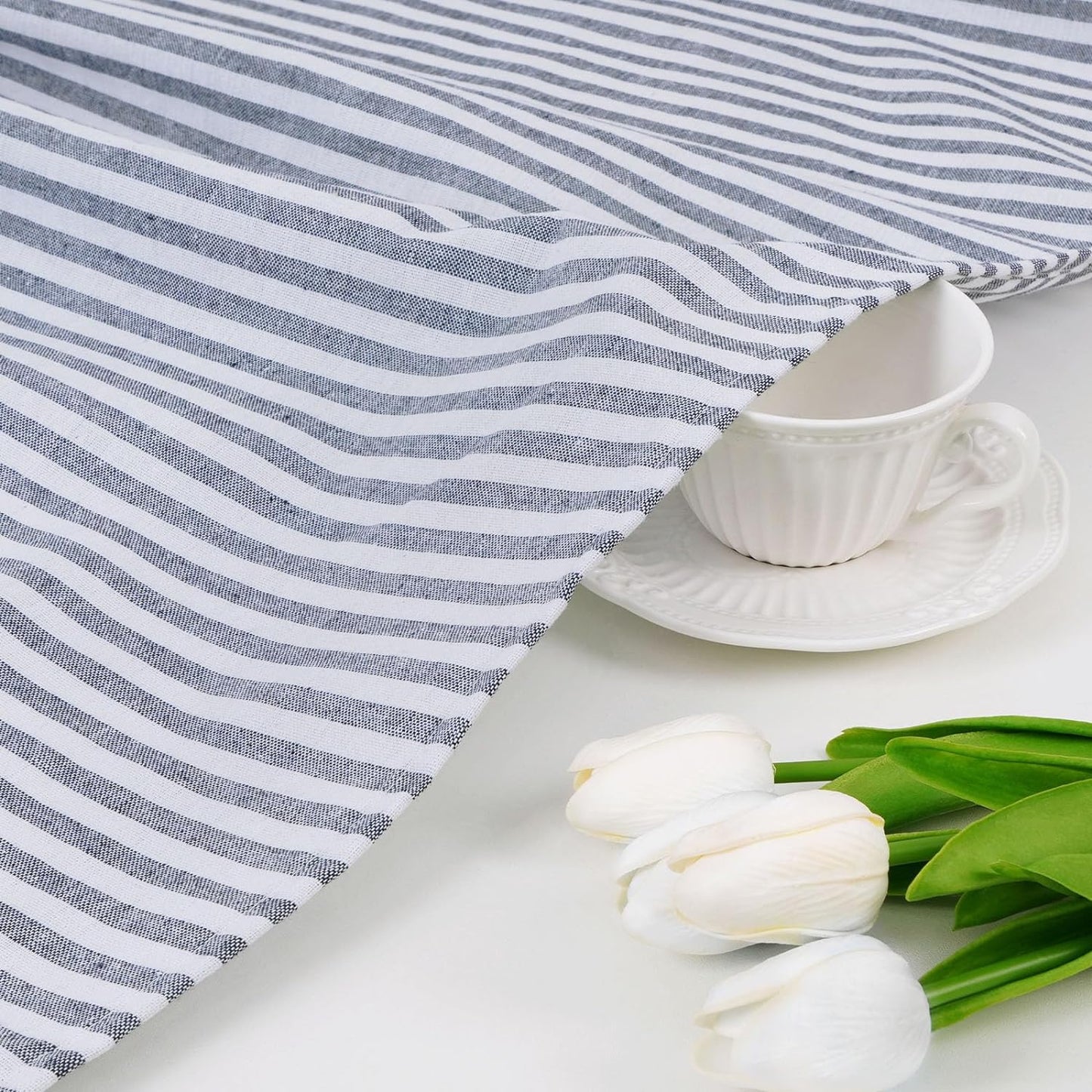 Alishomtll Stripe Kitchen Curtains 8 Button Linen Cotton Window Curtains Sets 24 Inches Long ,Rod Pocket