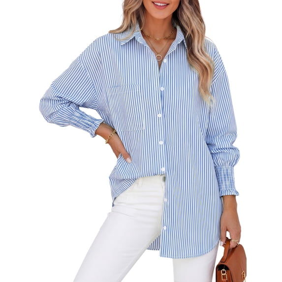 Gingprous Women Striped Button Down Shirt Oversized Long Sleeve Blouse with Smocked Cuffs Pocket