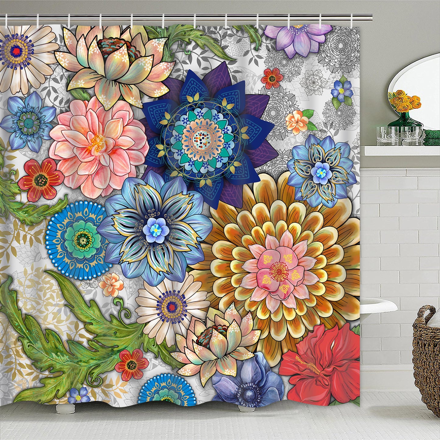 FRAMICS 16 Pc Colorful Boho Flower Shower Curtain and Rug Sets, Bohemian Floral Bathroom Decor Set, Waterproof Polyester Shower Curtain with 12 Hooks and Toilet Rugs