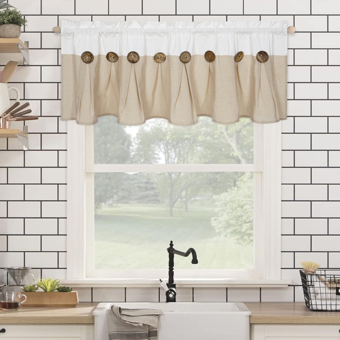 Alishomtll Linen Valance Farmhouse Boho Button Kitchen Curtains ,Rod Pocket,18"L x 52"W, Linen White