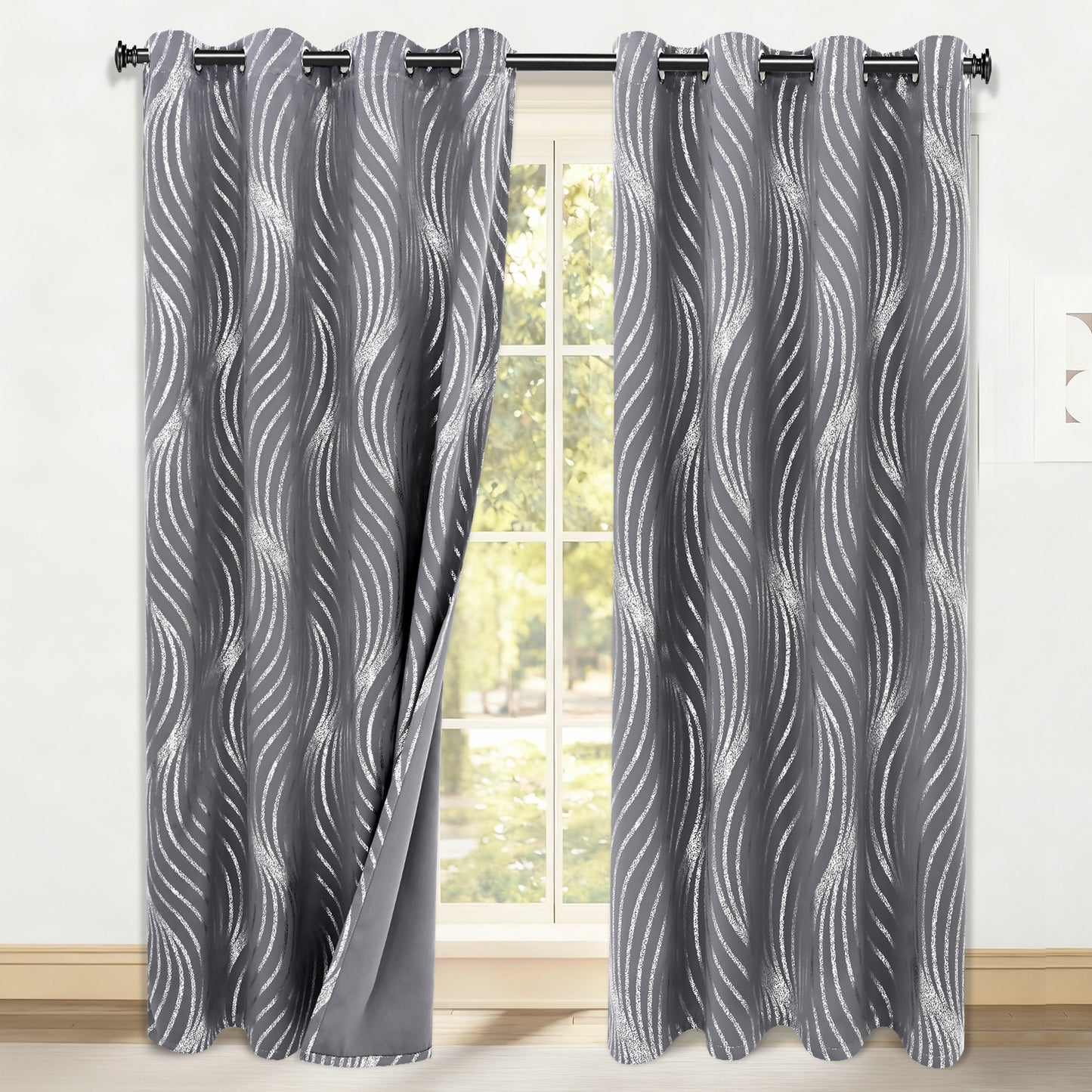 Alishomtll Grey Blackout Curtains for Living Room ,Modern Metallic Silver Wave Pattern Bedroom Thermal Insulated Drapes ,2 Panel Set,52"x84"