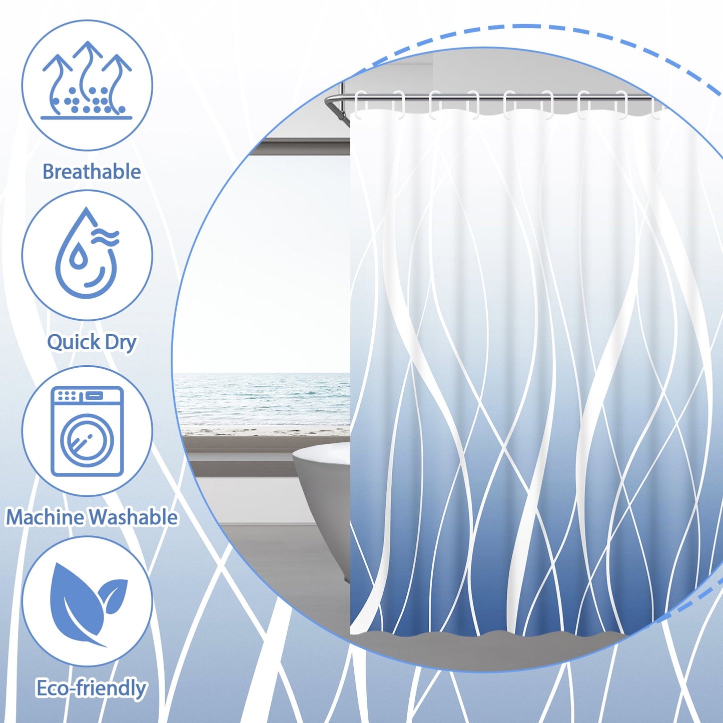 FRAMICS 15-Piece Ombre Blue Bathroom Sets with Shower Curtain and Rugs, Waterproof Fabric Striped Gradient Shower Curtain Sets, 72" x 72"