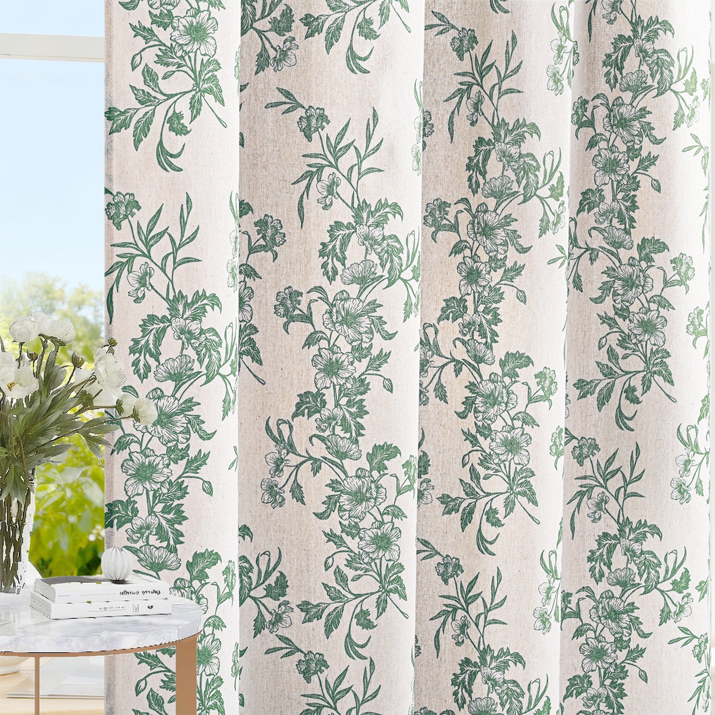 Alishomtll Floral Curtains for Living Room Farmhouse Country Linen Curtains Light Filtering Window Drapes,Sage Green ,52"x63", 2 Panels