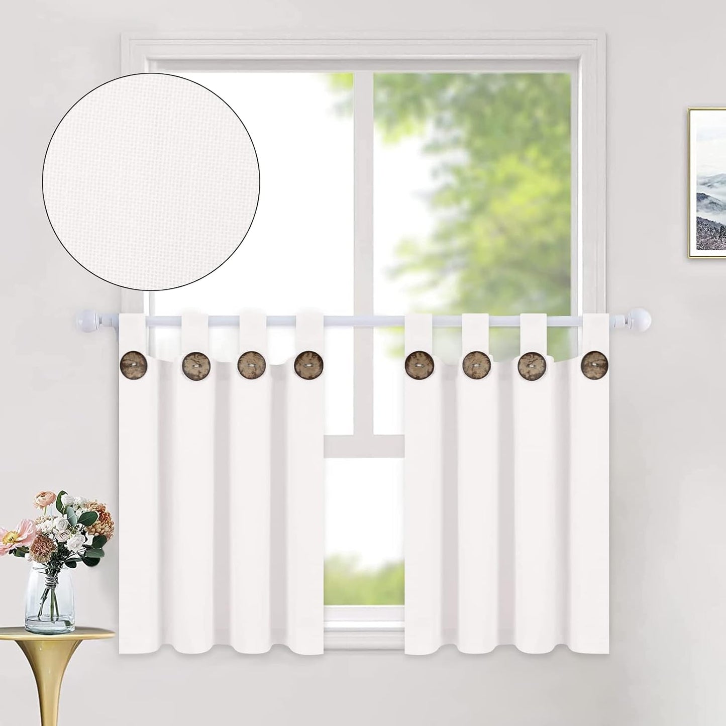 Alishomtll Farmhouse Kitchen Curtains 24 Inch Tab Top Button Cafe Curtains Tier Set ,White ,2 Panels