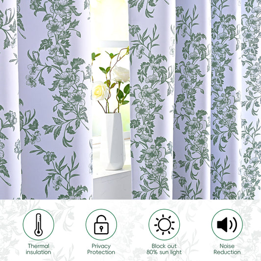 Alishomtll Floral Curtains Blackout Thermal Insulated Room Darkening Window Drapes for Living Room,Sage Green ,52"x84", 2 Panels