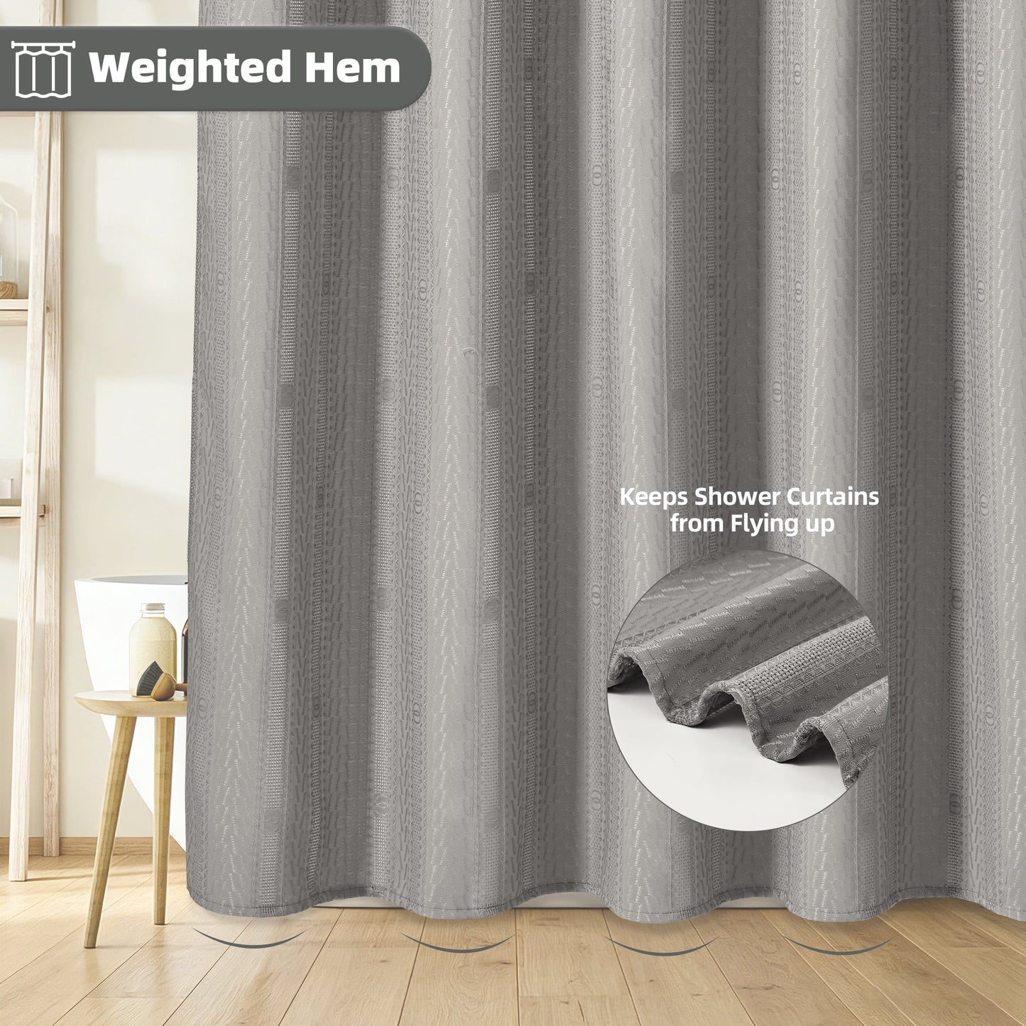 FRAMICS Waffle Shower Curtain Sets with Rug and Hooks, 14-Piece Thick Weighted Fabric Bathroom Sets, Wrinkle and Mildew-Resistant, Gray