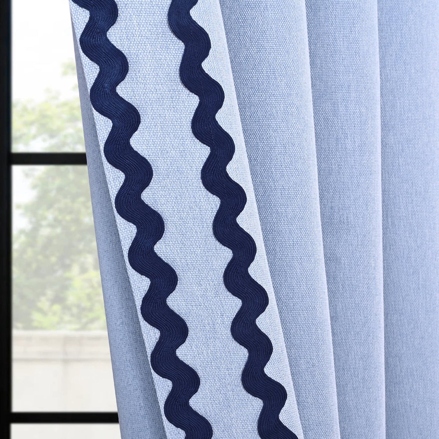 Alishomtll Blue Scalloped Rod Pocket Back Tab Blackout Curtains Set of 2,52"x 84",Thick Linen
