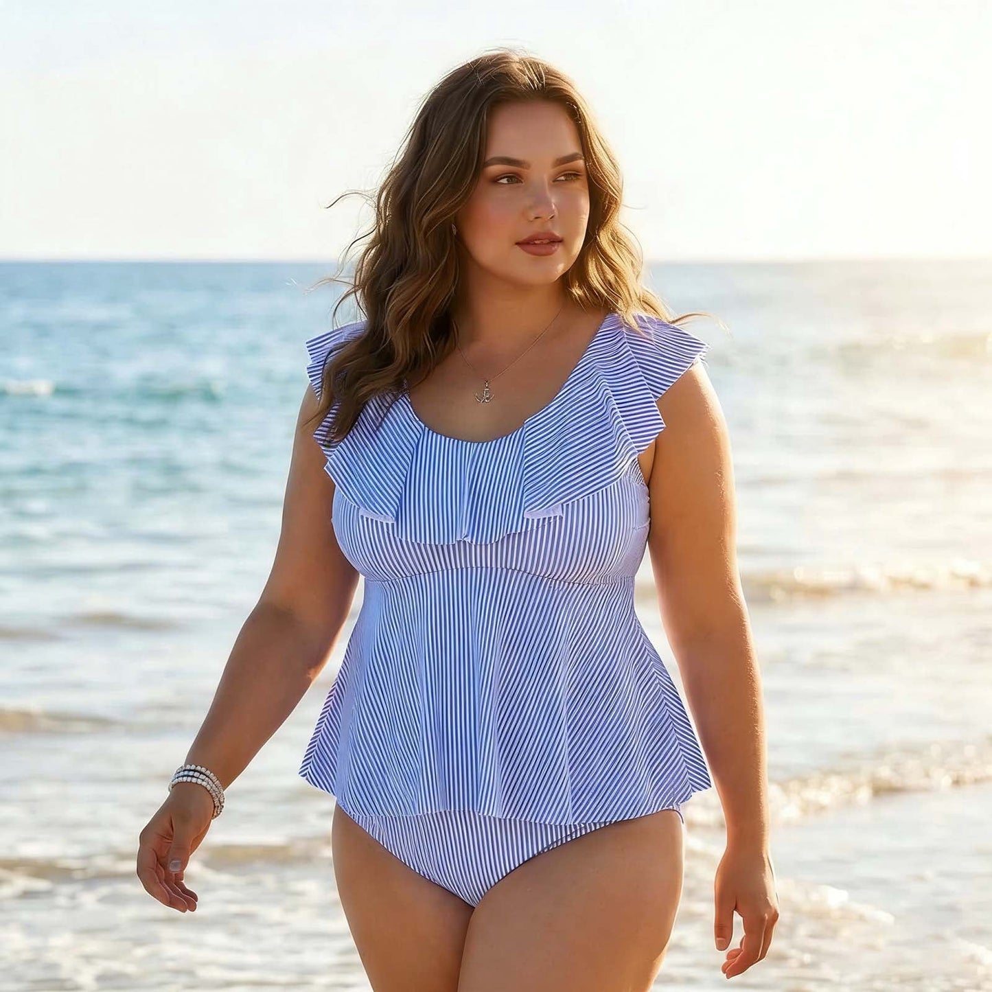 MecTo Tankini Swimsuits for Women Plus Size 2 Piece Swimsuit, Striped Ruffle Bikini Bathing Suit Swimwear