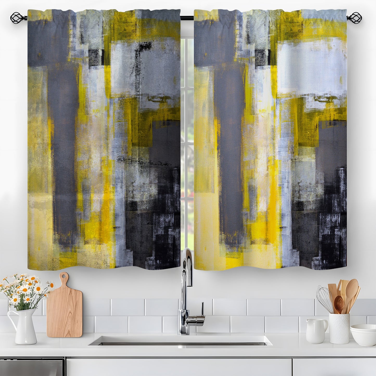 Alishomtll Kitchen Curtains Tiers Grey Yellow Kitchen Tiers Set 2 Piece for Windows Living Room 36 Inches Long