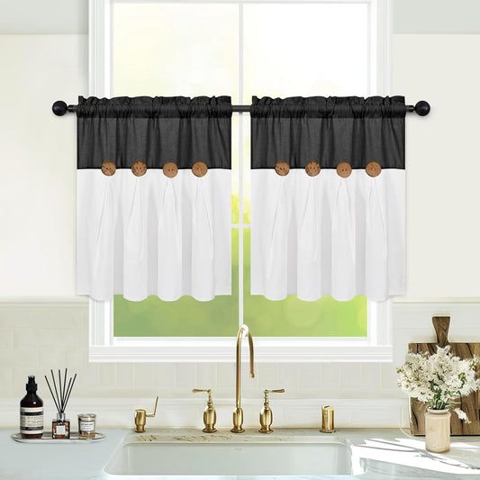 Alishomtll Farmhouse White Solid Print Rustic Rod Pocket Light Filtering Curtain Set, 26" x 24" (2 Panels),Black White