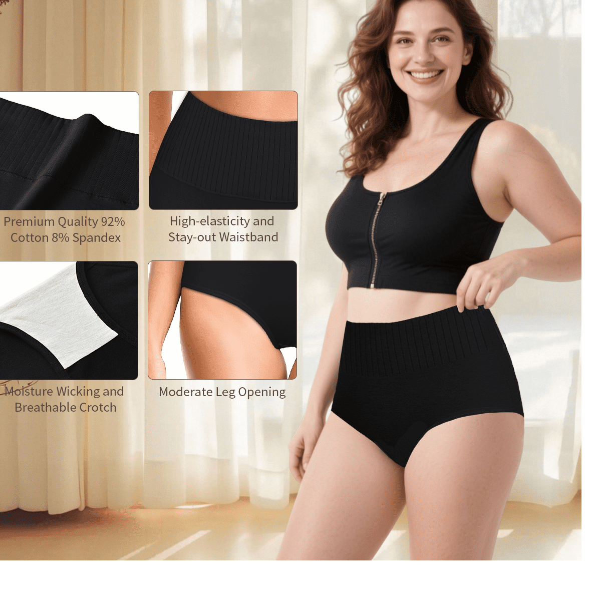 MecTo Womens Cotton Underwear High Waisted Tummy Control Breathable Panties Plus Size Ladies Panties 4 Pack, Black