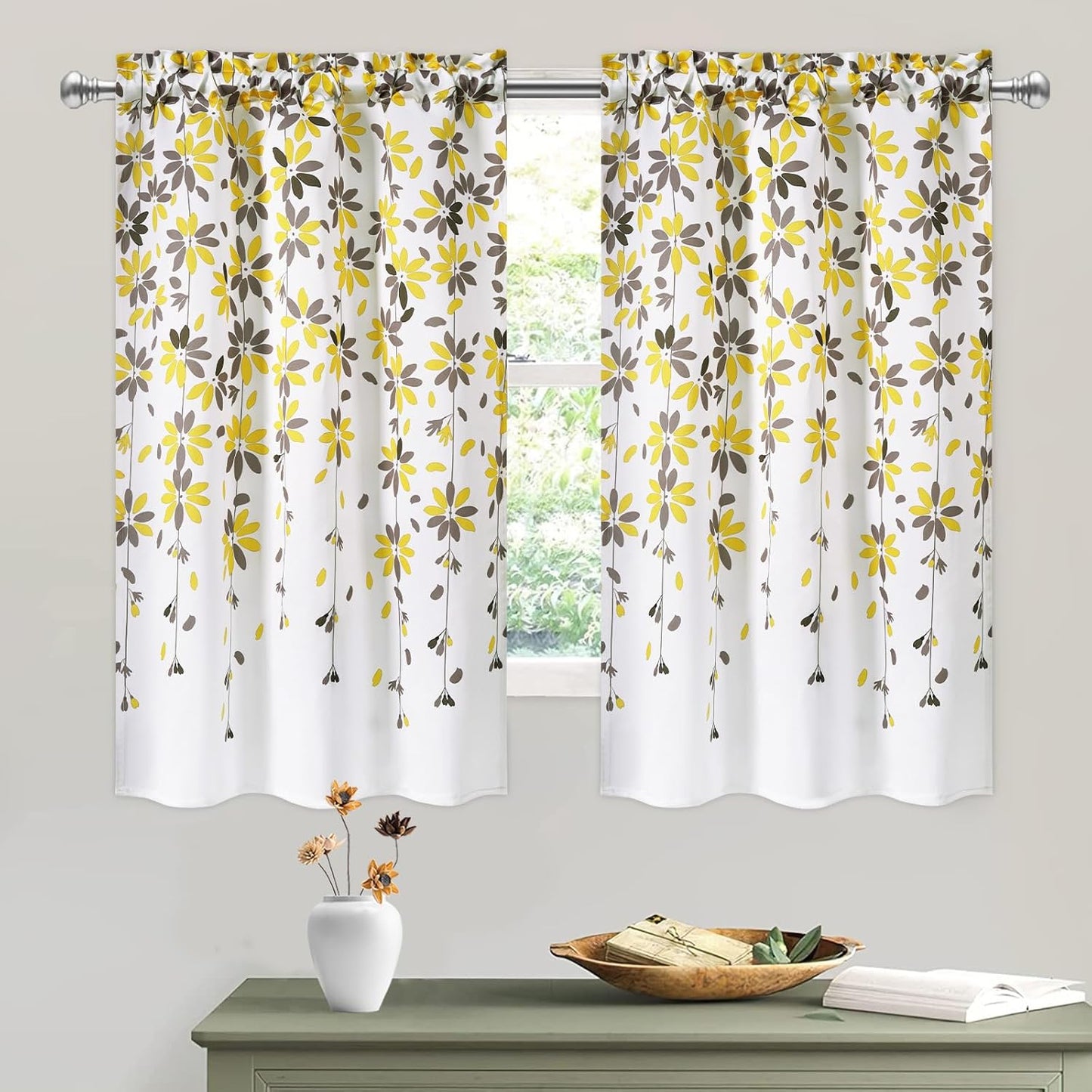 Alishomtll Falling Flower Kitchen Curtains Sets Tier Light Filtering Small Window Drapes Rod Pocket ,26"Wx36"L,2 Panels,Yellow