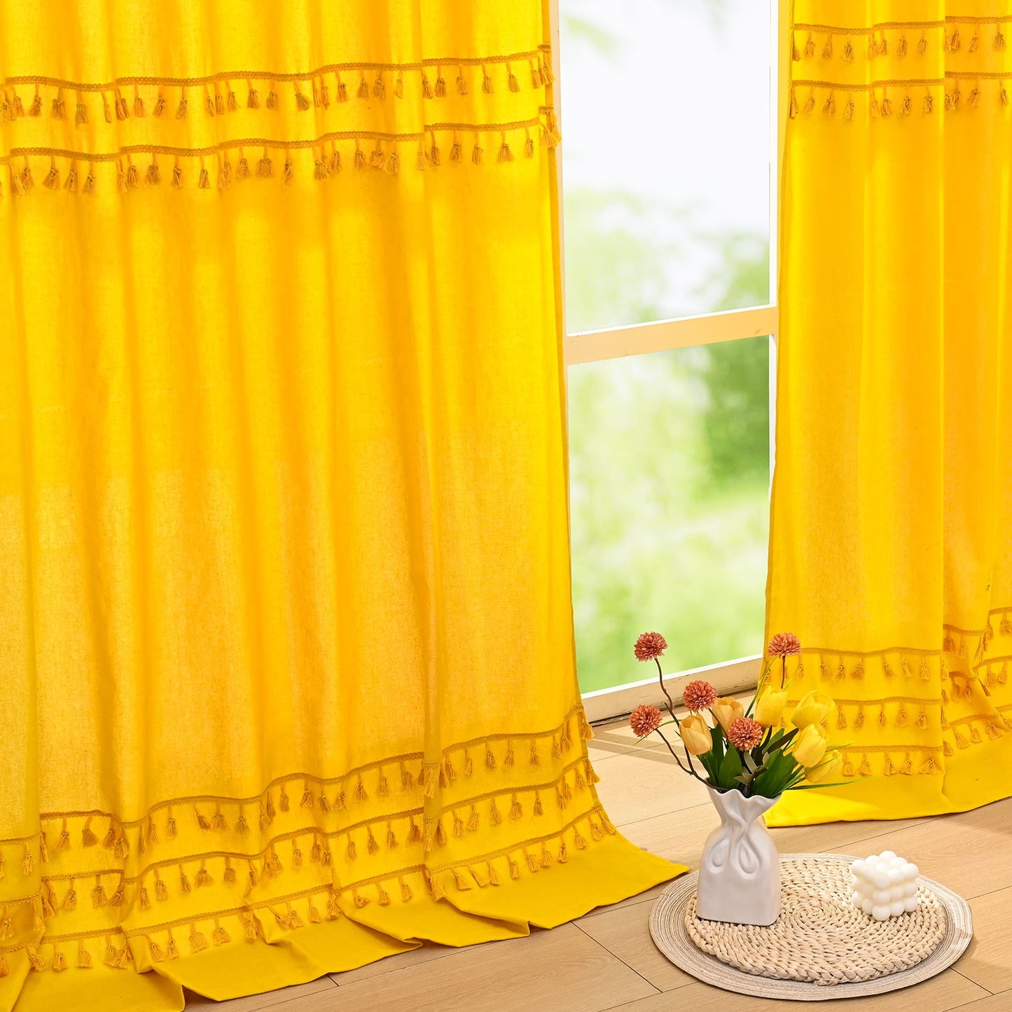 Alishomtll Boho Curtains for Living Room Semi Blackout Curtains with 8 Tassel Window Drapes Back Tab ,Mustard Yellow，52"Wx63"L，2 Panels