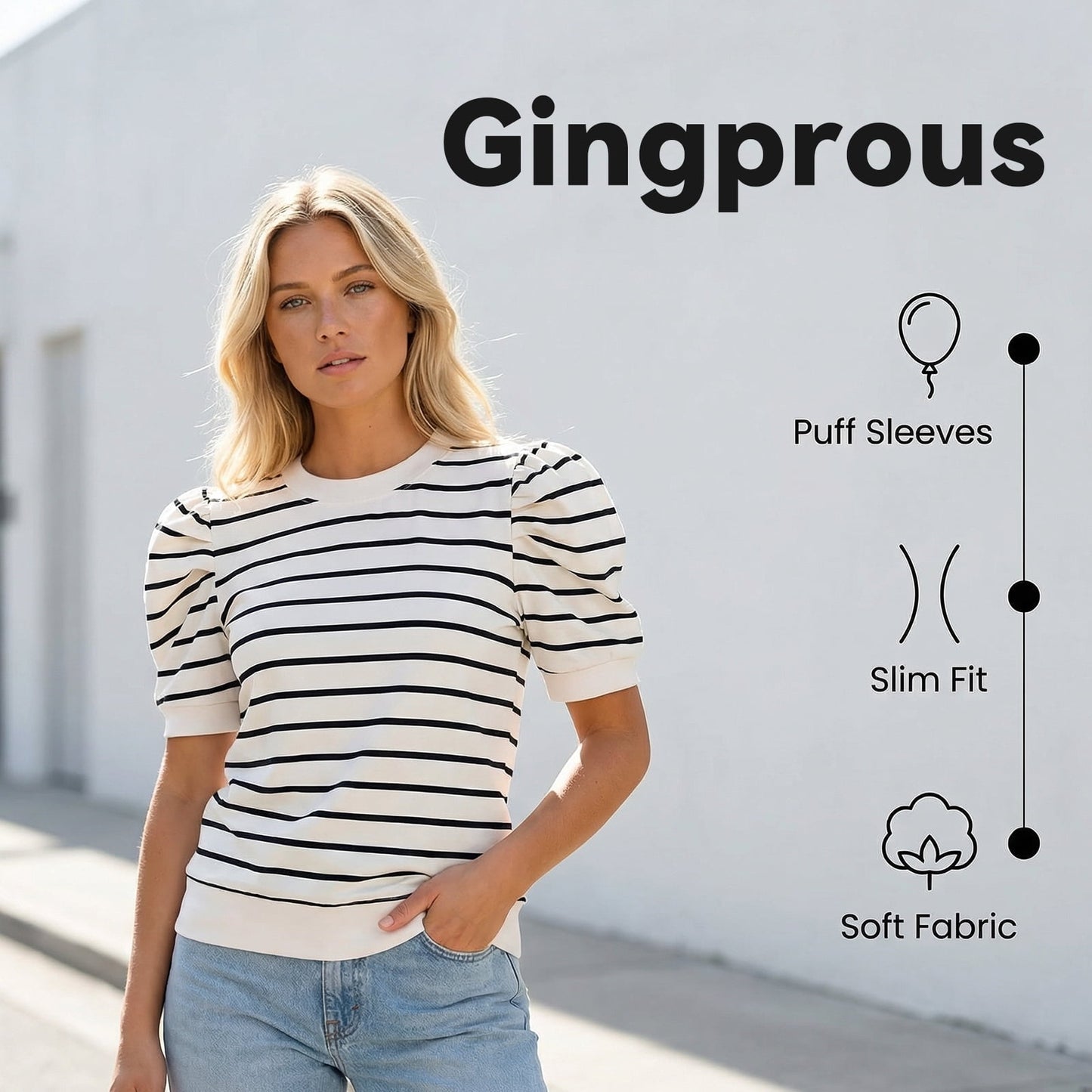 Gingprous Womens Puff Short Sleeve Striped Knit Top Casual Crewneck Blouse for Spring Summer
