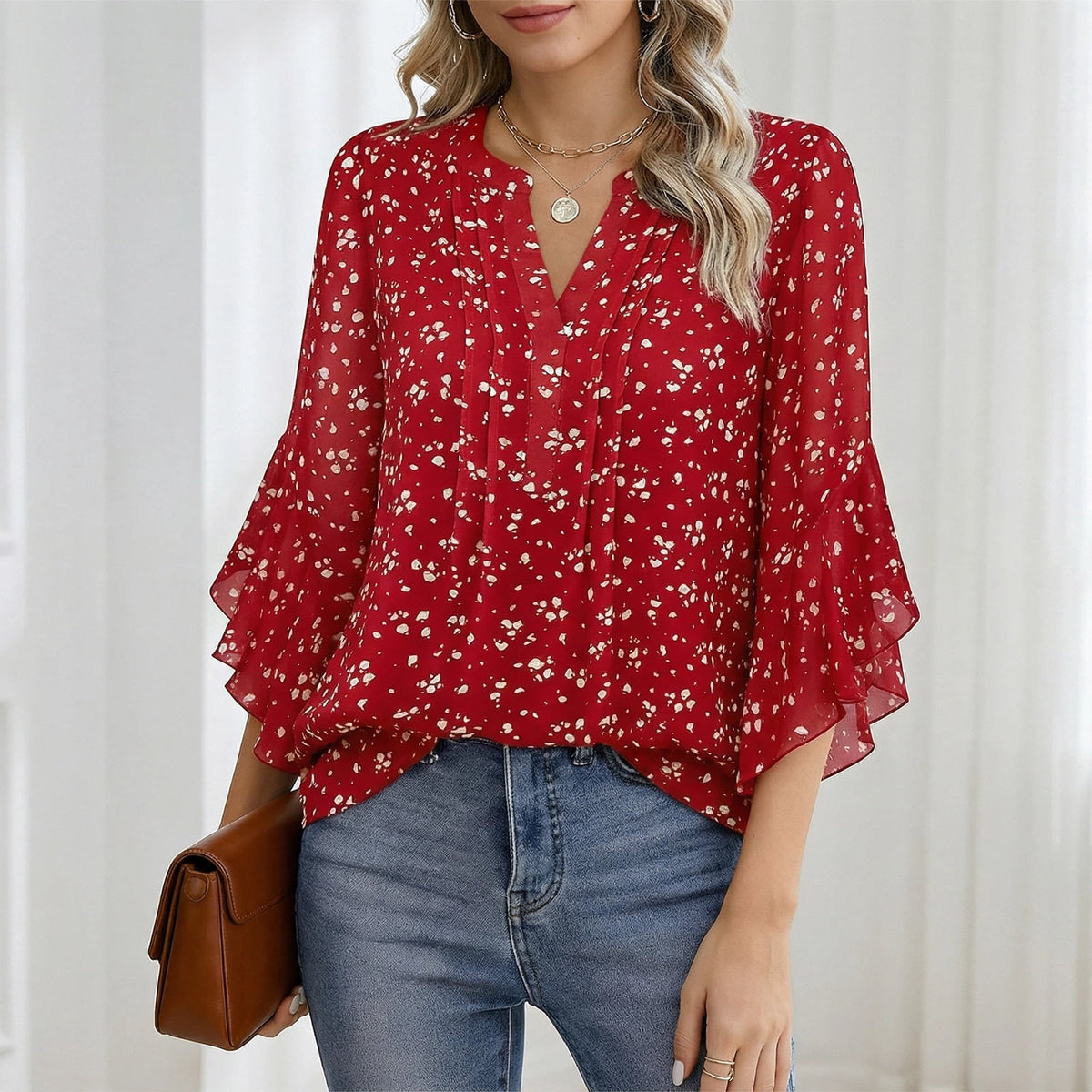 Gingprous Women's 3/4 Sleeve Henley Blouse, V Neck Pleated Ruffle Sleeve Dressy Casual Top, Red Polka Dot