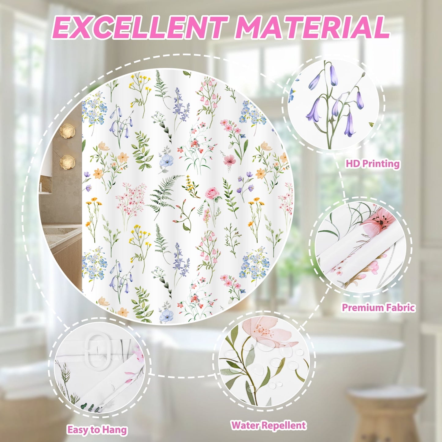FRAMICS Watercolor Floral Shower Curtain Sets with Rugs, Colorful Wildflower Bathroom Sets with Hooks, Waterproof Fabric Bathroom Curtains, Machine Washable